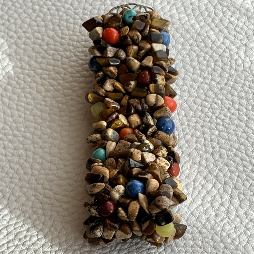 Vintage CAROLYN POLLACK Bracelet 925 Jasper Tiger's Eye Cluster Stretchy Mosaic - Picture 4 of 9